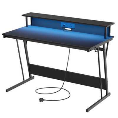 LEDREM Gaming Desk with LED Lights and Built-In Power Outlets, Computer ...