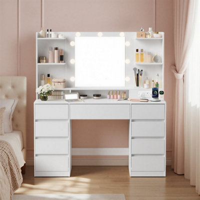 LEDREM Makeup Vanity Table with Power Outlets, LED Mirror, 9 Drawers ...