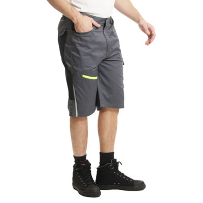 Lee Cooper Workwear Mens Reflective Trim Stretch Work Cargo Shorts, Grey/Black, 36W