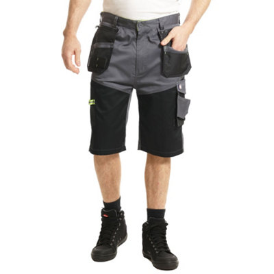 Lee Cooper Workwear Mens Reflective Trim Stretch Work Holster Cargo Shorts, Grey/Black, 36W