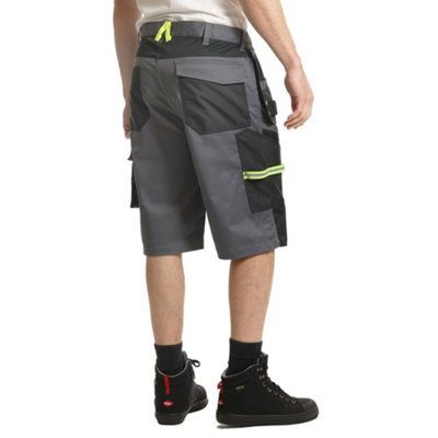 Lee Cooper Workwear Mens Reflective Trim Stretch Work Holster Cargo Shorts, Grey/Black, 36W