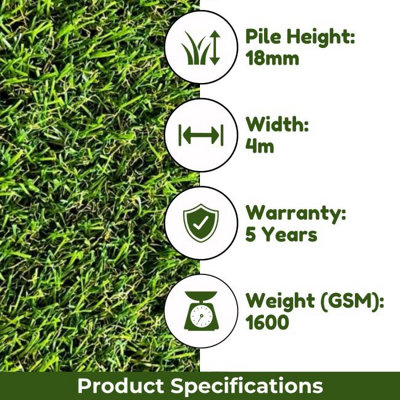 Leeds 18mm Artificial Grass, 5 Years Warranty, Genuine Looking Artificial Grass For Patio Garden Lawn-4m(13'1") X 4m(13'1")-16m²