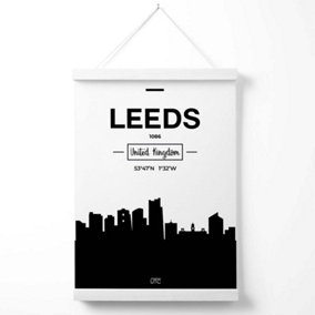 Leeds Black and White City Skyline Poster with Hanger / 33cm / White