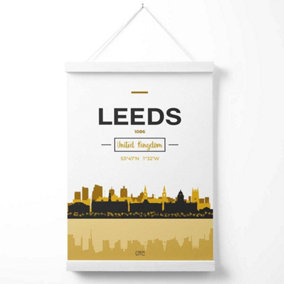 Leeds Yellow and Black City Skyline Poster with Hanger / 33cm / White
