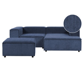 Left Hand 2 Seater Modular Jumbo Cord Corner Sofa with Ottoman Blue APRICA