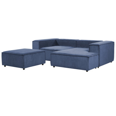 Left Hand 2 Seater Modular Jumbo Cord Corner Sofa with Ottoman Blue APRICA