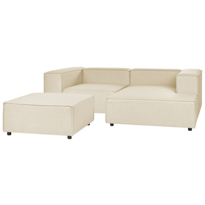 Left Hand 2 Seater Modular Linen Corner Sofa with Ottoman Beige APRICA