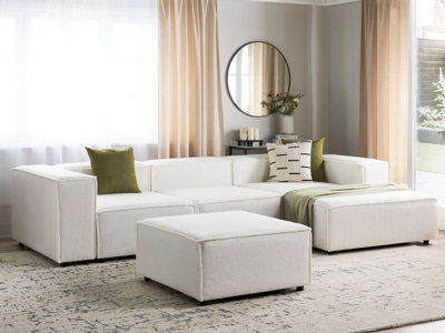 Left Hand 3 Seater Modular Boucle Corner Sofa with Ottoman White APRICA