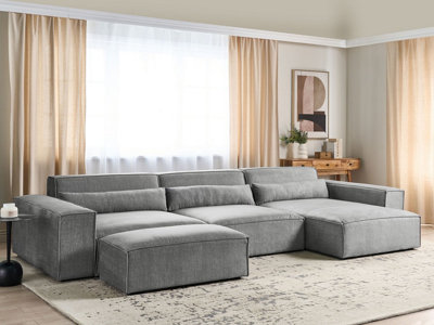 Left Hand 3 Seater Modular Fabric Corner Sofa with Ottoman Grey HELLNAR