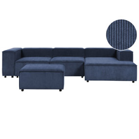 Left Hand 3 Seater Modular Jumbo Cord Corner Sofa with Ottoman Blue APRICA