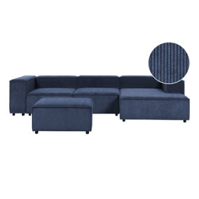 Left Hand 3 Seater Modular Jumbo Cord Corner Sofa with Ottoman Blue APRICA