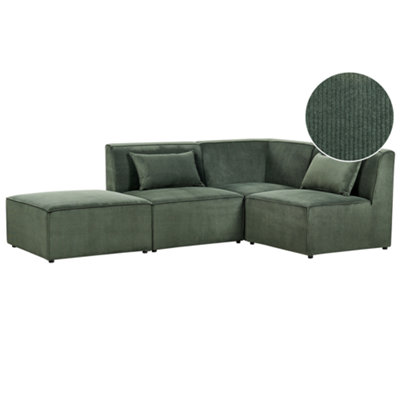 Left Hand 3 Seater Modular Jumbo Cord Corner Sofa with Ottoman Dark Green LEMVIG