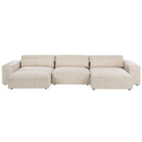 Left Hand 3 Seater Modular Velvet Corner Sofa with Ottoman Beige HELLNAR