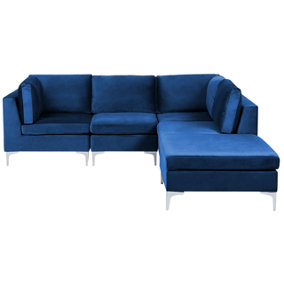 Left Hand 4 Seater Modular Velvet Corner Sofa with Ottoman Blue EVJA