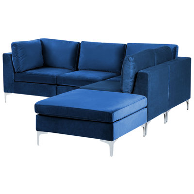 Left Hand 4 Seater Modular Velvet Corner Sofa with Ottoman Blue EVJA
