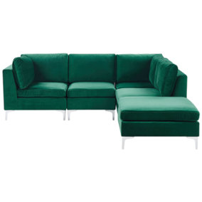 Left Hand 4 Seater Modular Velvet Corner Sofa with Ottoman Green EVJA