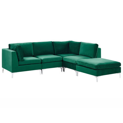 Left Hand 4 Seater Modular Velvet Corner Sofa with Ottoman Green EVJA