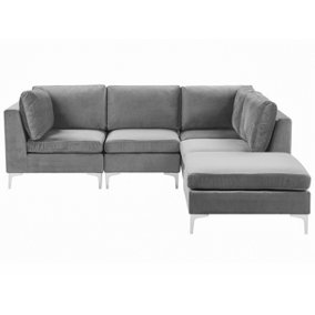 Left Hand 4 Seater Modular Velvet Corner Sofa with Ottoman Grey EVJA