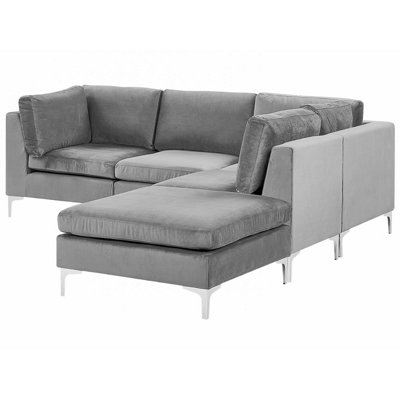 Left Hand 4 Seater Modular Velvet Corner Sofa with Ottoman Grey EVJA