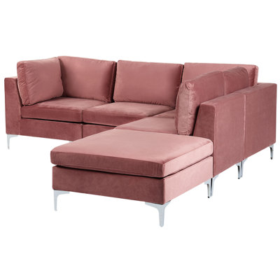 Left Hand 4 Seater Modular Velvet Corner Sofa with Ottoman Pink EVJA