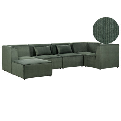 Left Hand 5 Seater Modular Jumbo Cord Corner Sofa with Ottoman Dark Green LEMVIG