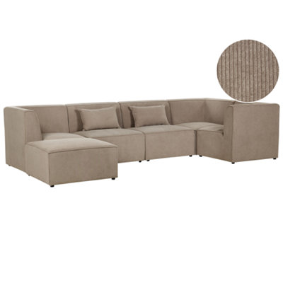 Left Hand 5 Seater Modular Jumbo Cord Corner Sofa with Ottoman Taupe LEMVIG