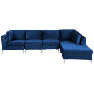 Left Hand 5 Seater Modular Velvet Corner Sofa with Ottoman Blue EVJA