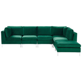 Left Hand 5 Seater Modular Velvet Corner Sofa with Ottoman Green EVJA