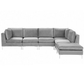 Left Hand 5 Seater Modular Velvet Corner Sofa with Ottoman Grey EVJA