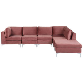 Left Hand 5 Seater Modular Velvet Corner Sofa with Ottoman Pink EVJA