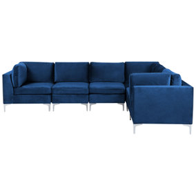 Left Hand 6 Seater Modular Velvet Corner Sofa Blue EVJA