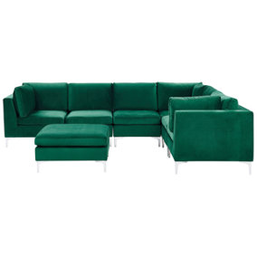 Left Hand 6 Seater Modular Velvet Corner Sofa with Ottoman Green EVJA