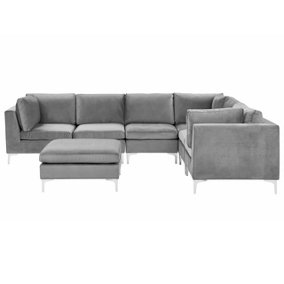Left Hand 6 Seater Modular Velvet Corner Sofa with Ottoman Grey EVJA