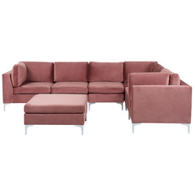 Left Hand 6 Seater Modular Velvet Corner Sofa with Ottoman Pink EVJA