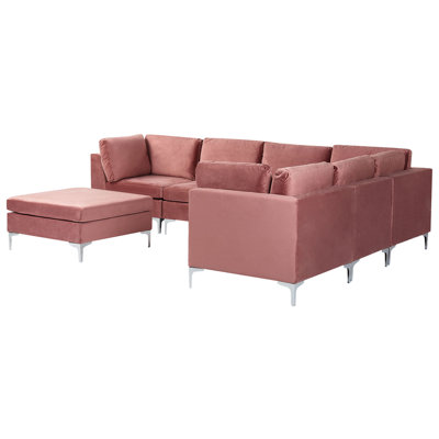 Left Hand 6 Seater Modular Velvet Corner Sofa with Ottoman Pink EVJA