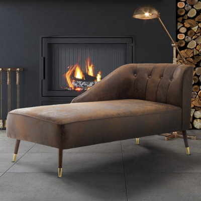 Left Hand Chaise Lounge in Faux Leather Suede Brown