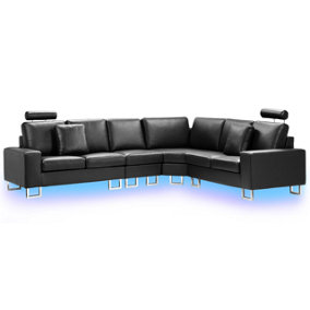 Left Hand Corner Leather Sofa LED Black STOCKHOLM