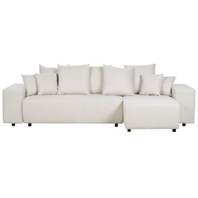 Left Hand Fabric Corner Sofa Bed with Storage Light Beige LUSPA