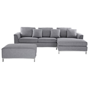 Left Hand Fabric Corner Sofa with Ottoman Light Grey OSLO
