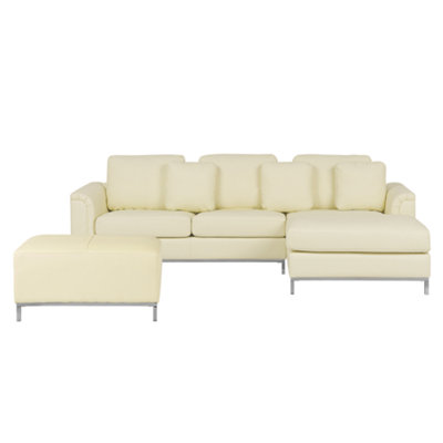 Left Hand Leather Corner Sofa with Ottoman Beige OSLO