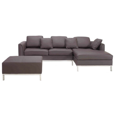 Left Hand Leather Corner Sofa with Ottoman Brown OSLO