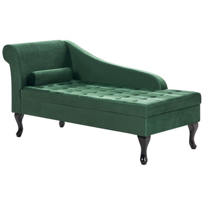 Left Hand Velvet Chaise Lounge with Storage Dark Green PESSAC