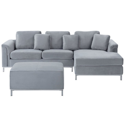 Left Hand Velvet Corner Sofa with Ottoman Light Grey OSLO