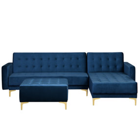 Left Hand Velvet Corner Sofa with Ottoman Navy Blue ABERDEEN