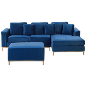 Left Hand Velvet Corner Sofa with Ottoman Navy Blue OSLO