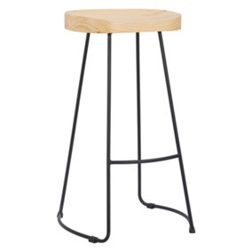 Legna Wood Kitchen Bar Stool, Fixed Height Black Metal Legs And Footrest, Breakfast Bar & Home Barstool, Light Brown