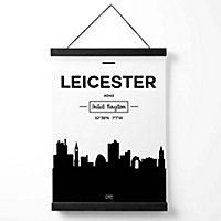 Leicester Black and White City Skyline Medium Poster with Black Hanger