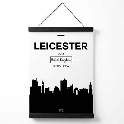 Leicester Black and White City Skyline Medium Poster with Black Hanger