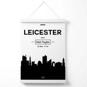Leicester Black and White City Skyline Poster with Hanger / 33cm / White