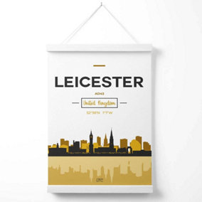 Leicester Yellow and Black City Skyline Poster with Hanger / 33cm / White